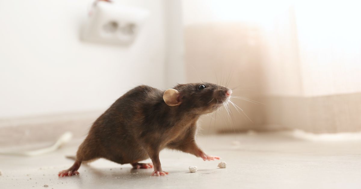 Brown rat on a kitchen floor beside crumbs — rat control and prevention