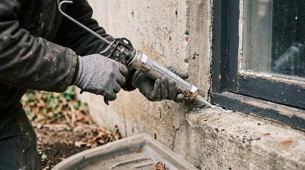 Technician sealing a foundation gap beside a basement window to keep rodents out